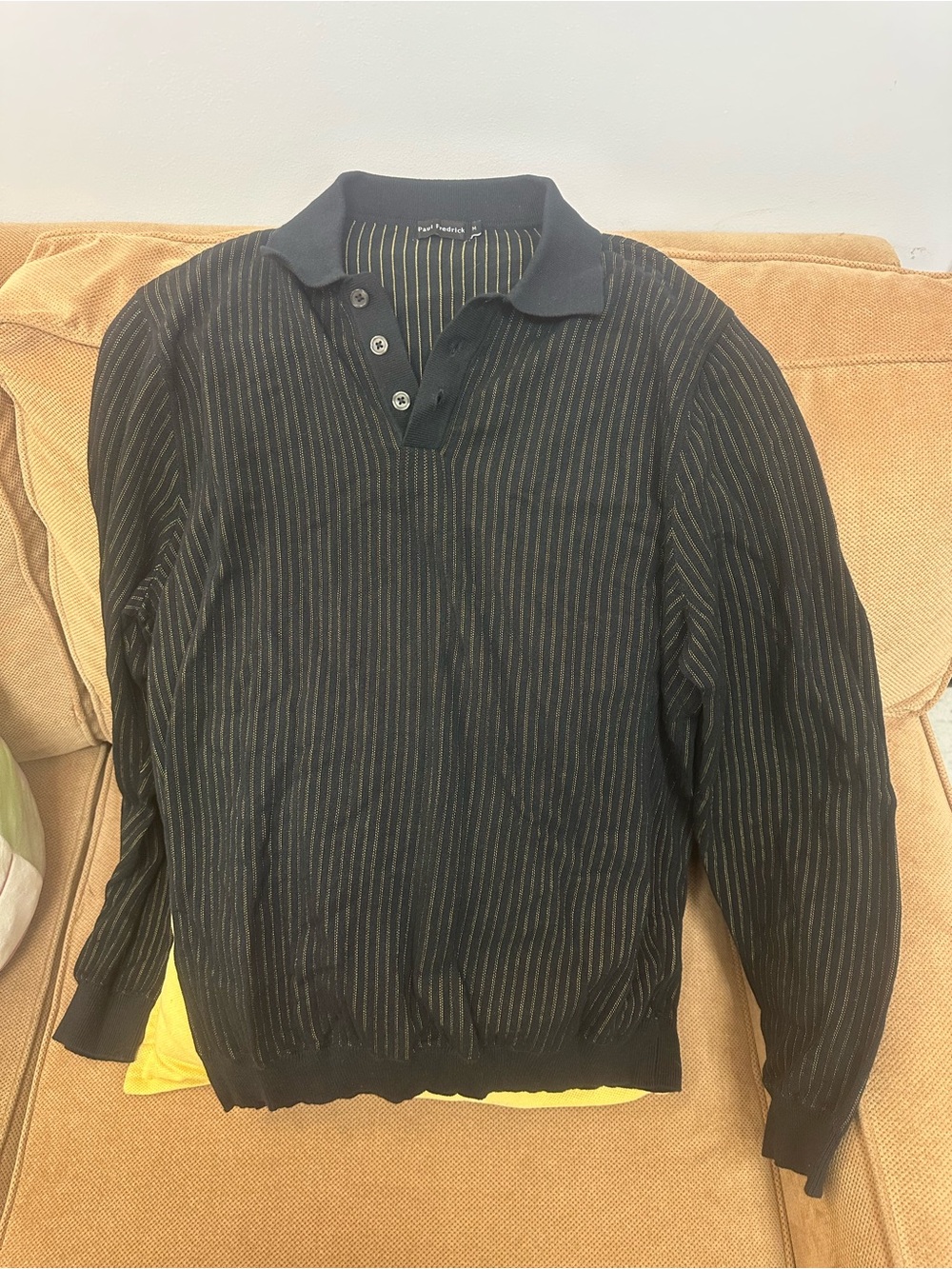 Paul Fredrick Black Polo Sweater with Gold Pinstripes